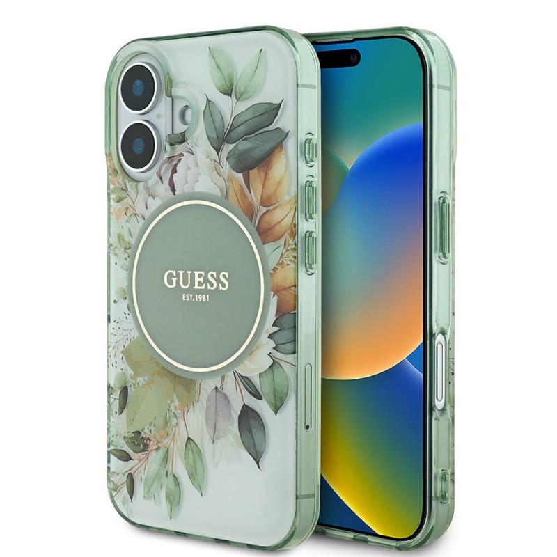 Bal-z Apple iPhone 16 Kılıf Guess Orjinal Lisanslı M-safe Şarj Özellikli IML Baskılı Yazı Logolu Flower Tonal Circle Kapak
