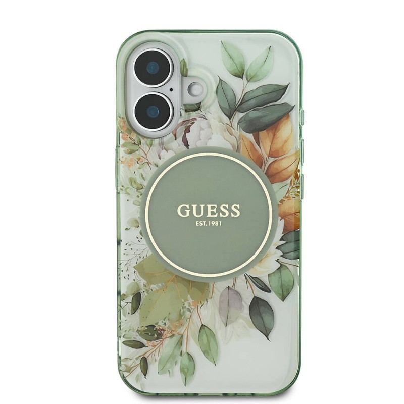 Bal-z Apple iPhone 16 Kılıf Guess Orjinal Lisanslı M-safe Şarj Özellikli IML Baskılı Yazı Logolu Flower Tonal Circle Kapak