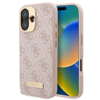 Bal-z Apple iPhone 16 Kılıf Guess Orjinal Lisanslı M-safe Şarj Özellikli PU 4G Desenli Metal Plaka Klasik Logolu Kapak