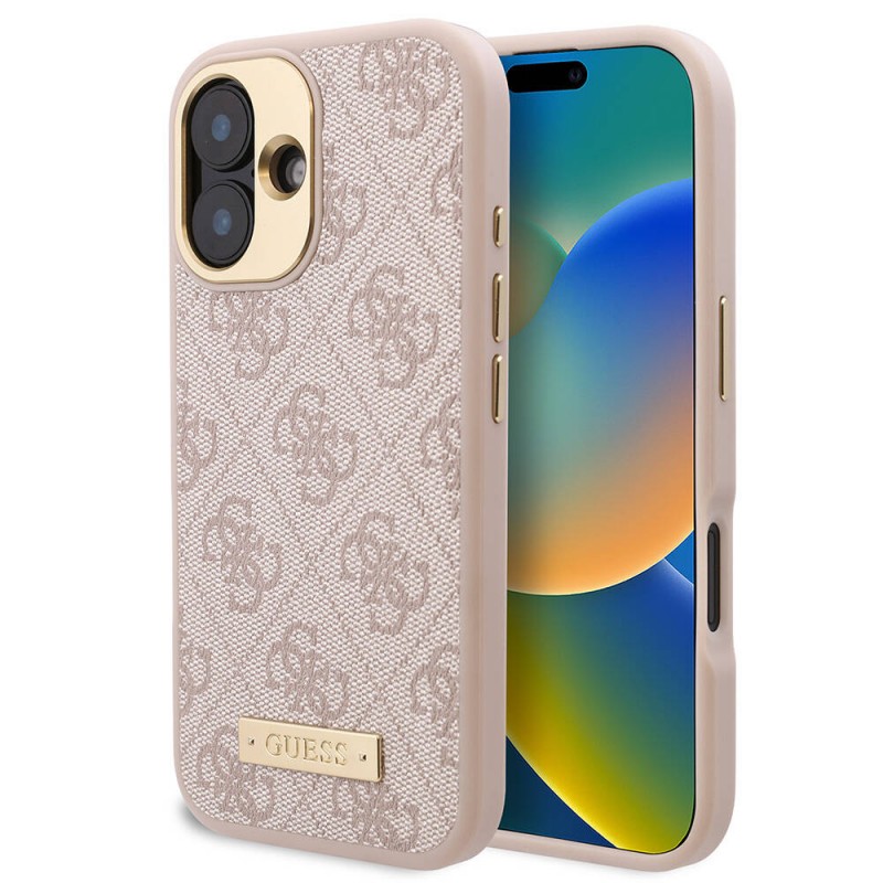 Bal-z Apple iPhone 16 Kılıf Guess Orjinal Lisanslı M-safe Şarj Özellikli PU 4G Desenli Metal Plaka Klasik Logolu Kapak