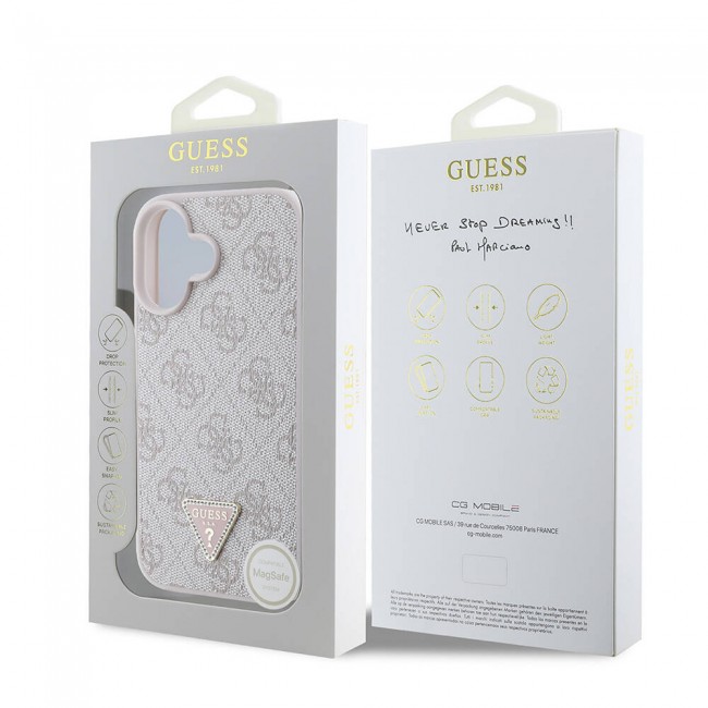 Apple iPhone 16 Kılıf Guess Orjinal Lisanslı Magsafe Şarj Özellikli PU Deri 4G Desenli Taşlı Üçgen Logolu Kapak Apple iPhone 16 Kılıf Guess Orjinal Lisanslı Magsafe Şarj Özellikli PU Deri 4G Desenli Taşlı Üçgen Logolu Kapak