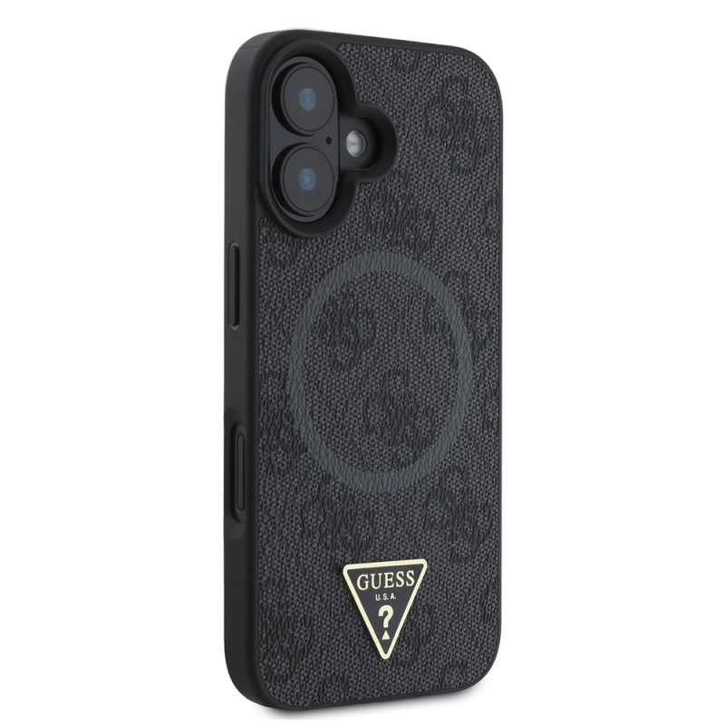 Bal-z Apple iPhone 16 Kılıf Guess Orjinal Lisanslı M-safe Şarj Özellikli PU Üçgen Logo 4G Desenli Kapak