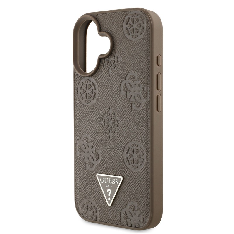 Bal-z Apple iPhone 16 Kılıf Guess Orjinal Lisanslı M-safe Şarj Özellikli Sıcak Baskılı Üçgen Logolu PU Deri Peony Kapak