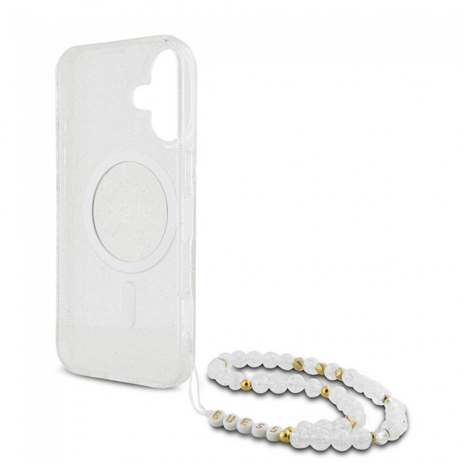 Apple iPhone 16 Kılıf Guess Orjinal Lisanslı Magsafe Şarj Özellikli Simli Silikon İnci Bileklikli Kapak Apple iPhone 16 Kılıf Guess Orjinal Lisanslı Magsafe Şarj Özellikli Simli Silikon İnci Bileklikli Kapak