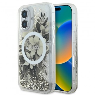 Apple iPhone 16 Kılıf Guess Orjinal Lisanslı M-safe Şarj Özellikli Sıvılı Simli Çiçek Desenli Kapak Apple iPhone 16 Kılıf Guess Orjinal Lisanslı M-safe Şarj Özellikli Sıvılı Simli Çiçek Desenli Kapak