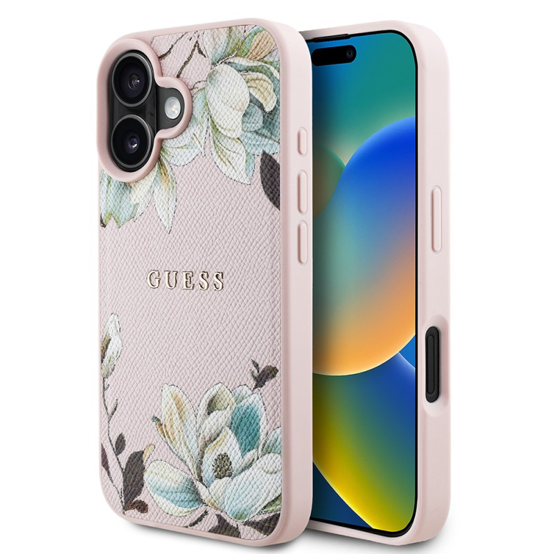 Bal-z Apple iPhone 16 Kılıf Guess Orjinal Lisanslı M-safe Şarj Özellikli Taneli Çiçek Tasarımlı Metal Yazı Logolu Kapak