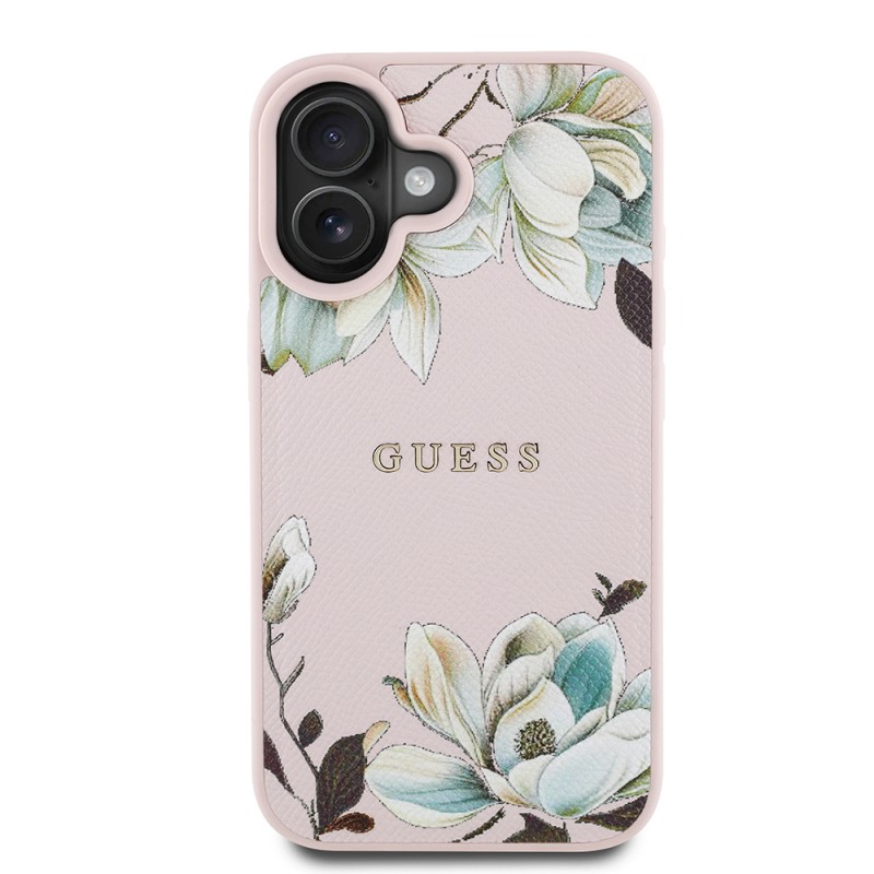 Bal-z Apple iPhone 16 Kılıf Guess Orjinal Lisanslı M-safe Şarj Özellikli Taneli Çiçek Tasarımlı Metal Yazı Logolu Kapak