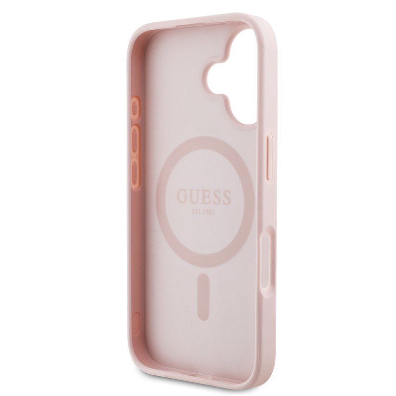 Bal-z Apple iPhone 16 Kılıf Guess Orjinal Lisanslı M-safe Şarj Özellikli Taneli Çiçek Tasarımlı Metal Yazı Logolu Kapak