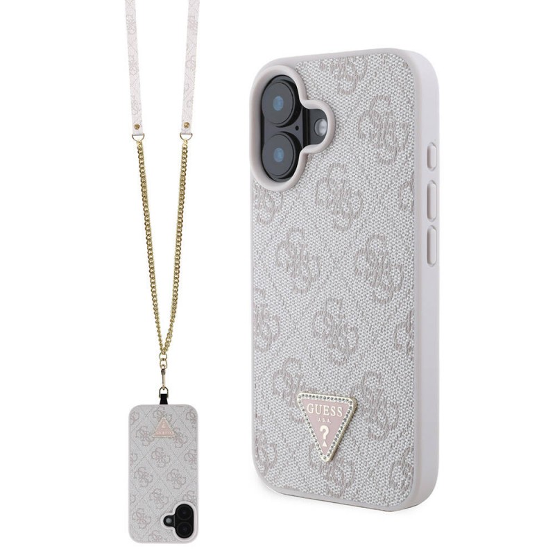 Bal-z Apple iPhone 16 Kılıf Guess Orjinal Lisanslı PU Deri Taşlı Metal Üçgen Logolu Çapraz Vücut Askılı 4G Desenli Kapak