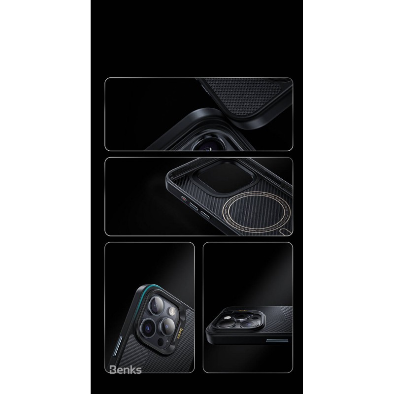 Bal-z Apple iPhone 16 Kılıf M-safe Şarj Özellikli Karbon Fiber Benks Montage Hybrid ArmorPro Kevlar Kapak