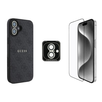 Bal-z Apple iPhone 16 Plus Guess Orjinal Lisanslı Kılıf + Ekran Koruyucu + Lens Koruyucu 3in1 Aksesuar Seti