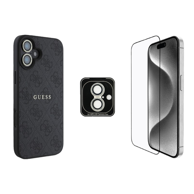 Bal-z Apple iPhone 16 Plus Guess Orjinal Lisanslı Kılıf + Ekran Koruyucu + Lens Koruyucu 3in1 Aksesuar Seti