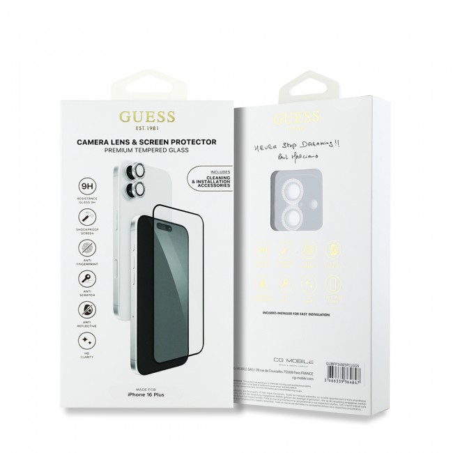 Apple iPhone 16 Plus Guess Orjinal Lisanslı Rhinestone Ekran Koruyucu + Lens Koruyucu 2in1 Aksesuar Seti