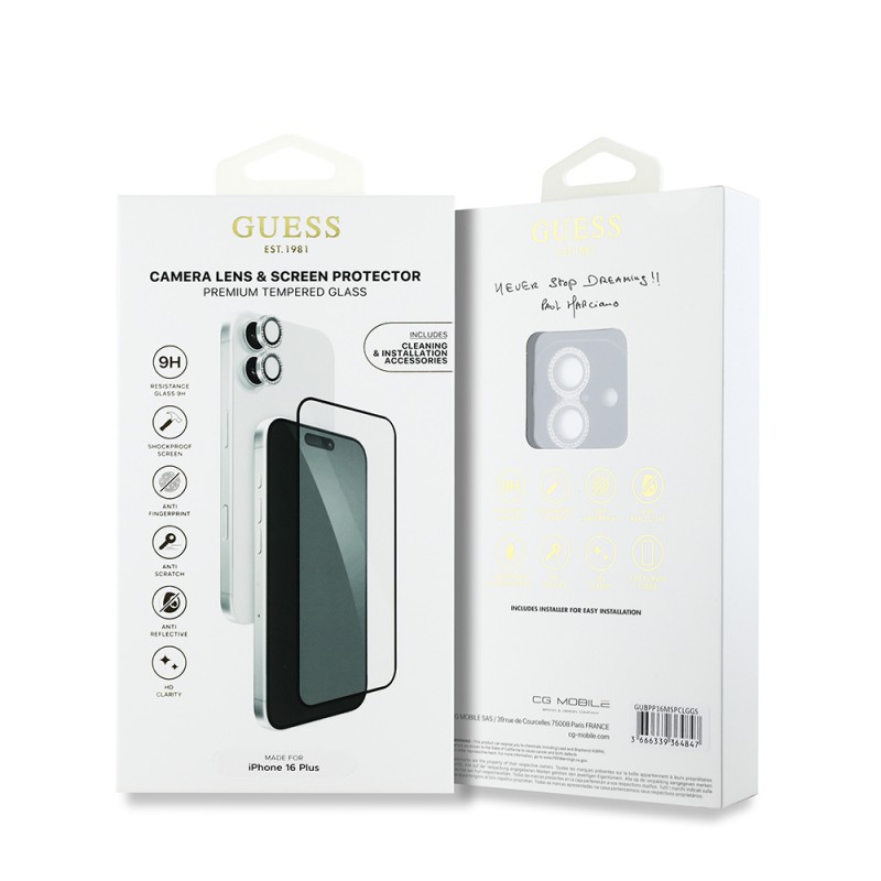 Bal-z Apple iPhone 16 Plus Guess Orjinal Lisanslı Rhinestone Ekran Koruyucu + Lens Koruyucu 2in1 Aksesuar Seti