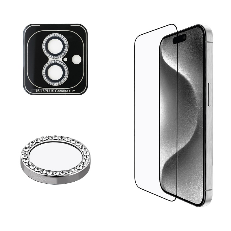 Bal-z Apple iPhone 16 Plus Guess Orjinal Lisanslı Rhinestone Ekran Koruyucu + Lens Koruyucu 2in1 Aksesuar Seti