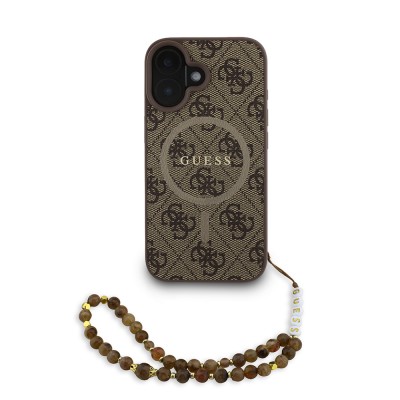 Bal-z Apple iPhone 16 Plus Kılıf Guess Orjinal Lisanslı M-safe Şarj Özellikli PU Deri Bilek Askı İpli Yazı Logolu Kapak