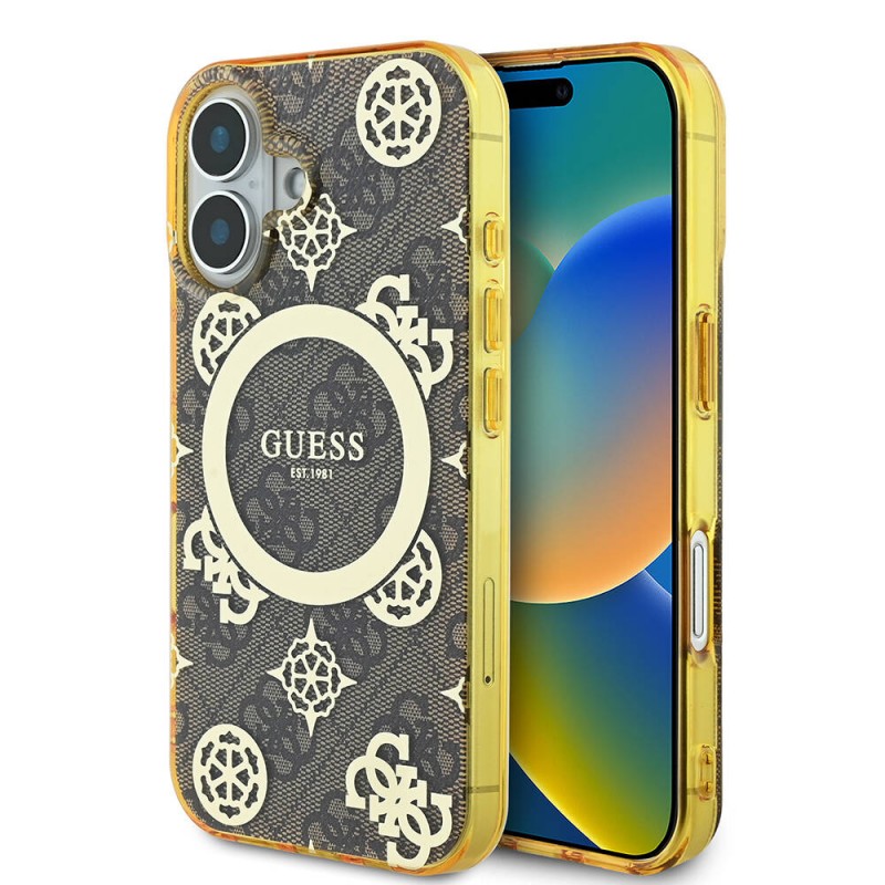 Bal-z Apple iPhone 16 Plus Kılıf Guess Orjinal Lisanslı M-safe Şarj Özellikli 4G Desenli IML Yazı Logolu Peony Kapak