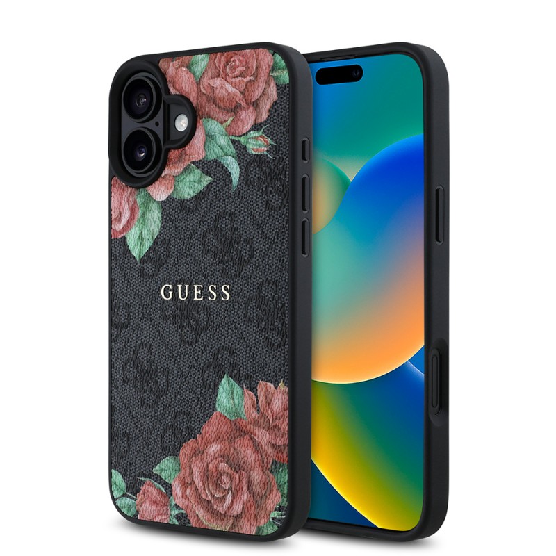 Bal-z Apple iPhone 16 Plus Kılıf Guess Orjinal Lisanslı M-safe Şarj Özellikli Gül Baskılı 4G Desenli Yazı Logolu Kapak