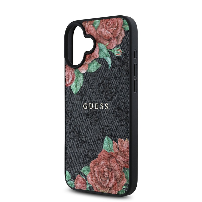 Bal-z Apple iPhone 16 Plus Kılıf Guess Orjinal Lisanslı M-safe Şarj Özellikli Gül Baskılı 4G Desenli Yazı Logolu Kapak