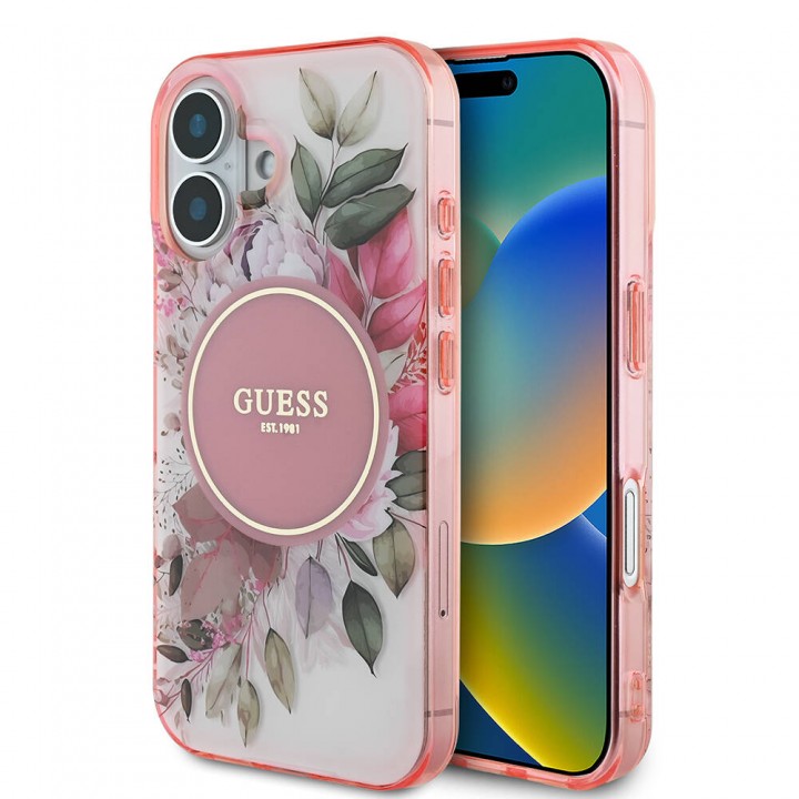 Apple iPhone 16 Plus Kılıf Guess Orjinal Lisanslı Magsafe Şarj Özellikli IML Baskılı Yazı Logolu Flower Tonal Circle Kapak