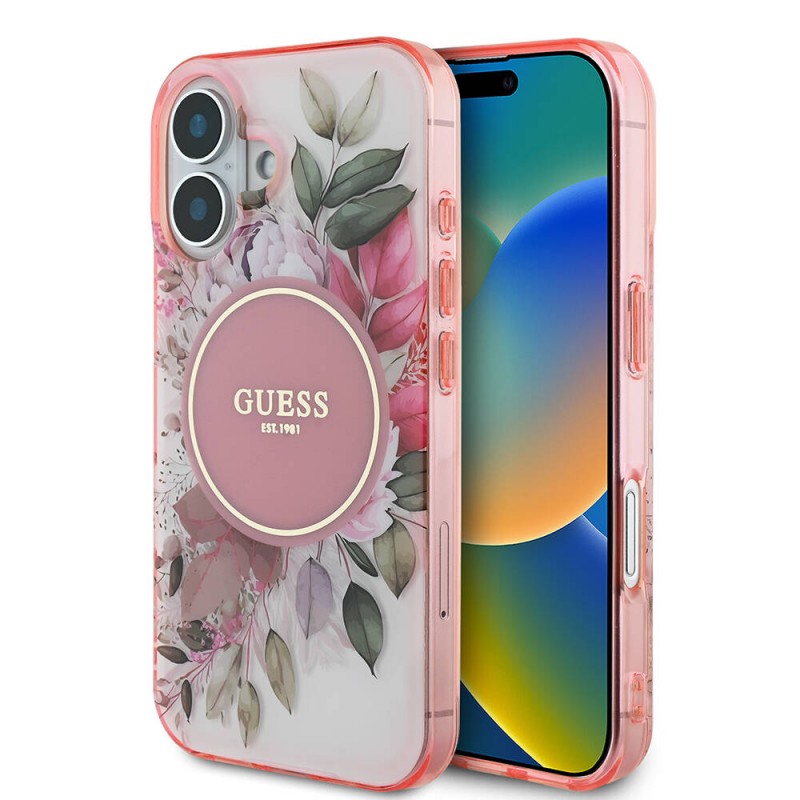 Bal-z Apple iPhone 16 Plus Kılıf Guess Orjinal Lisanslı M-safe Şarj Özellikli IML Baskılı Yazı Logolu Flower Tonal Circle Kapak