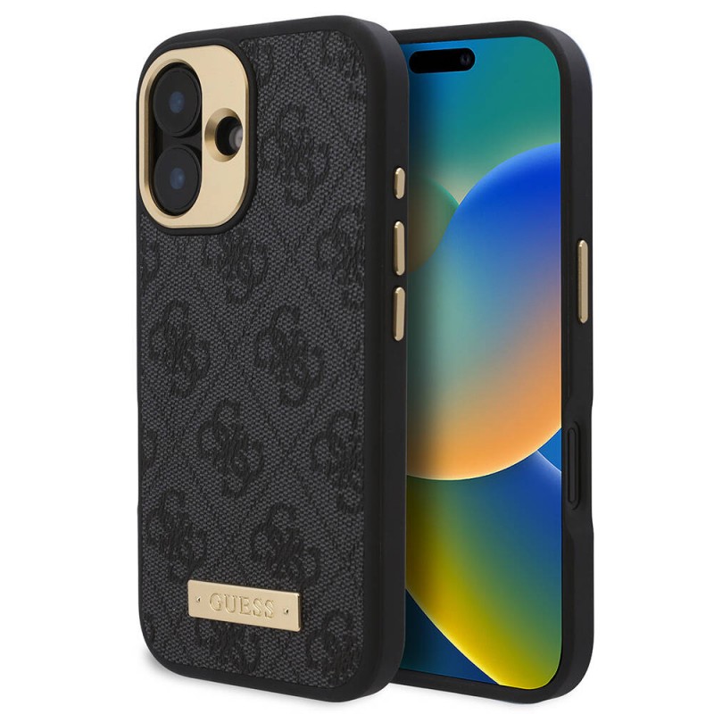 Bal-z Apple iPhone 16 Plus Kılıf Guess Orjinal Lisanslı M-safe Şarj Özellikli PU 4G Desenli Metal Plaka Klasik Logolu Kapak