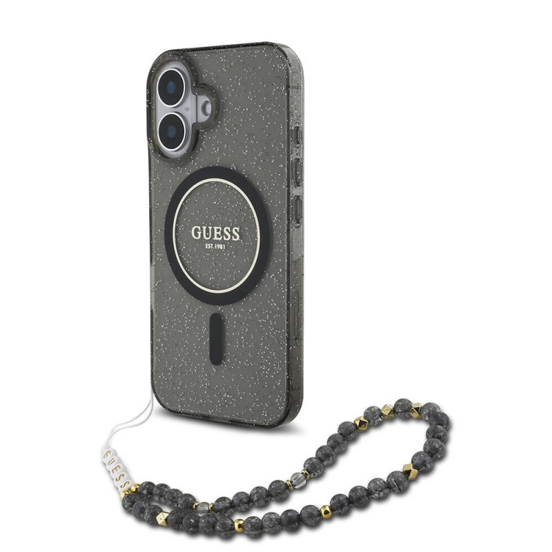 Bal-z Apple iPhone 16 Plus Kılıf Guess Orjinal Lisanslı M-safe Şarj Özellikli Simli Silikon İnci Bileklikli Kapak