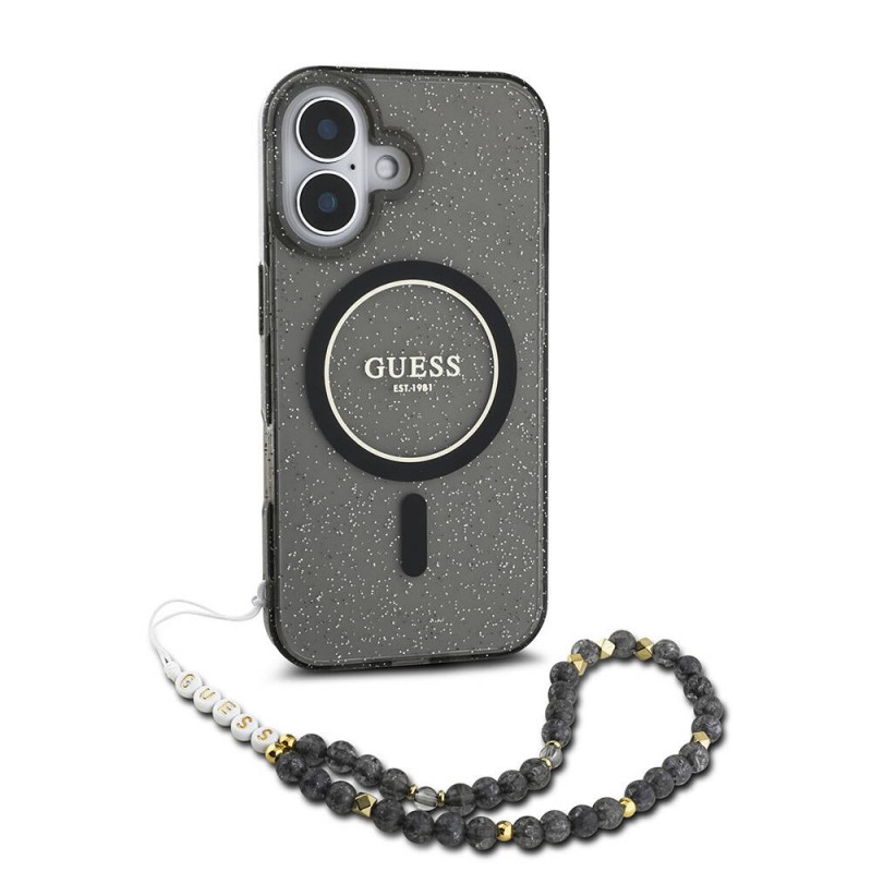 Bal-z Apple iPhone 16 Plus Kılıf Guess Orjinal Lisanslı M-safe Şarj Özellikli Simli Silikon İnci Bileklikli Kapak