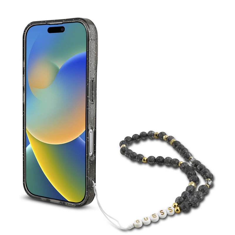 Bal-z Apple iPhone 16 Plus Kılıf Guess Orjinal Lisanslı M-safe Şarj Özellikli Simli Silikon İnci Bileklikli Kapak