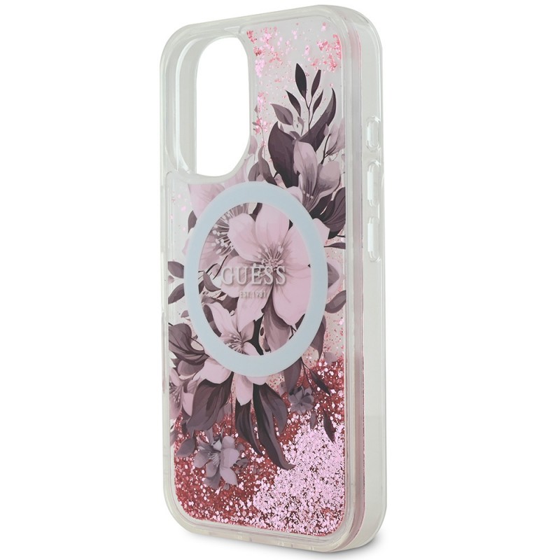 Bal-z Apple iPhone 16 Plus Kılıf Guess Orjinal Lisanslı M-safe Şarj Özellikli Sıvılı Simli Çiçek Desenli Kapak