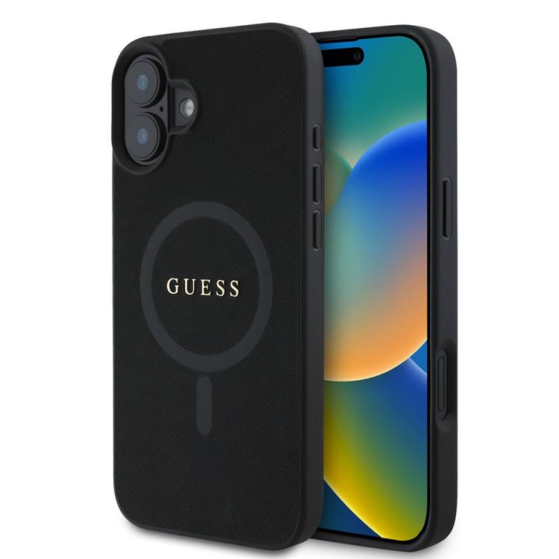 Bal-z Apple iPhone 16 Plus Kılıf Guess Orjinal Lisanslı M-safe Şarj Özellikli Yazı Logolu Saffiano Classic Kapak