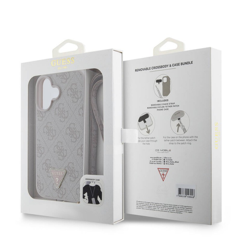 Bal-z Apple iPhone 16 Plus Kılıf Guess Orjinal Lisanslı PU Deri Taşlı Metal Üçgen Logolu Çapraz Vücut Askılı 4G Desenli Kapak