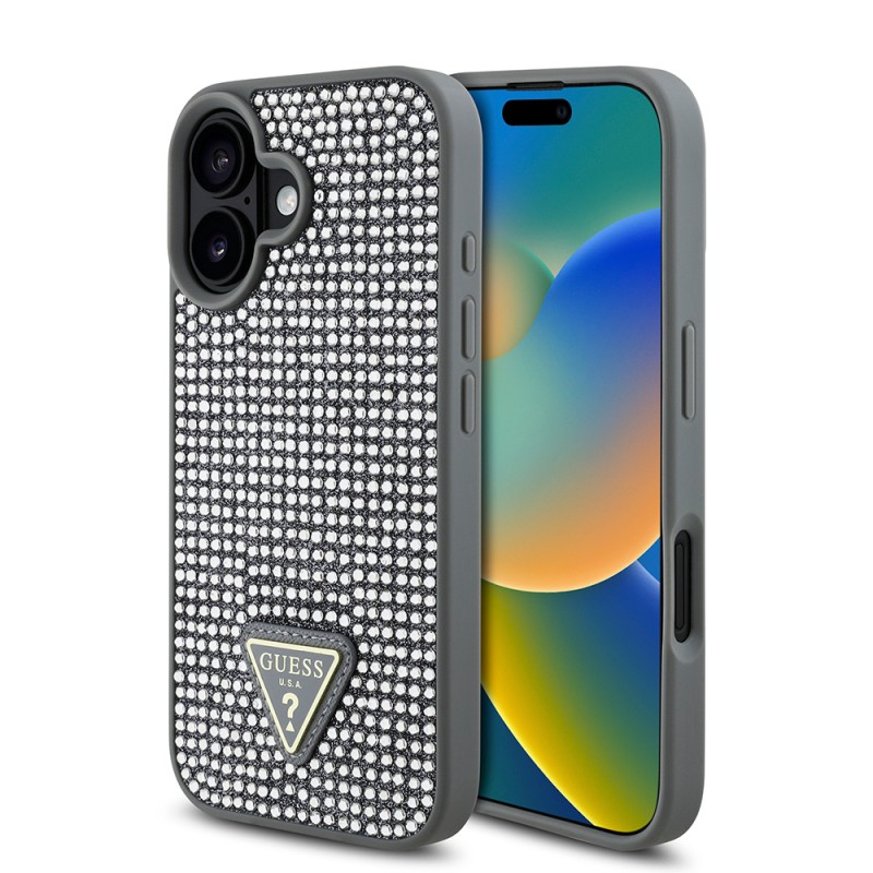 Bal-z Apple iPhone 16 Plus Kılıf Guess Orjinal Lisanslı Taşlı Arka Yüzey Üçgen Logolu Kapak