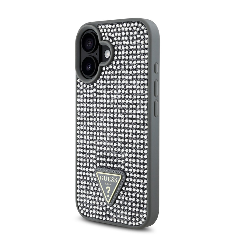 Bal-z Apple iPhone 16 Plus Kılıf Guess Orjinal Lisanslı Taşlı Arka Yüzey Üçgen Logolu Kapak