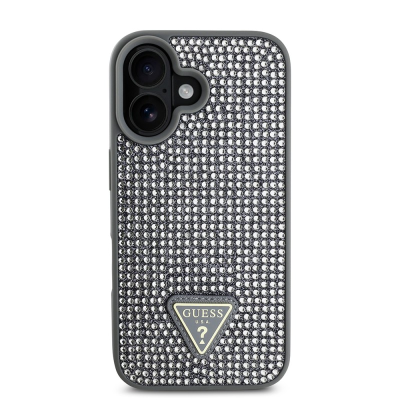 Bal-z Apple iPhone 16 Plus Kılıf Guess Orjinal Lisanslı Taşlı Arka Yüzey Üçgen Logolu Kapak