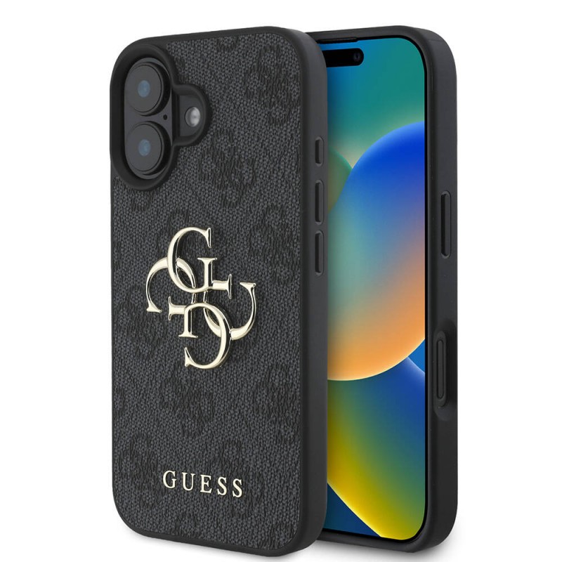 Bal-z Apple iPhone 16 Plus Kılıf Guess Orjinal Lisanslı PU Deri 4G Desenli Metal Büyük 4G ve Yazı Logolu Kapak