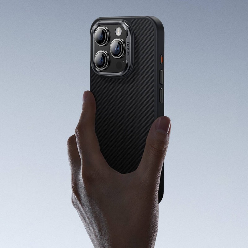 Bal-z Apple iPhone 16 Plus Kılıf Karbon Fiber M-safe Şarj Özellikli Benks Hybrid ArmorPro 600D Kevlar Kapak