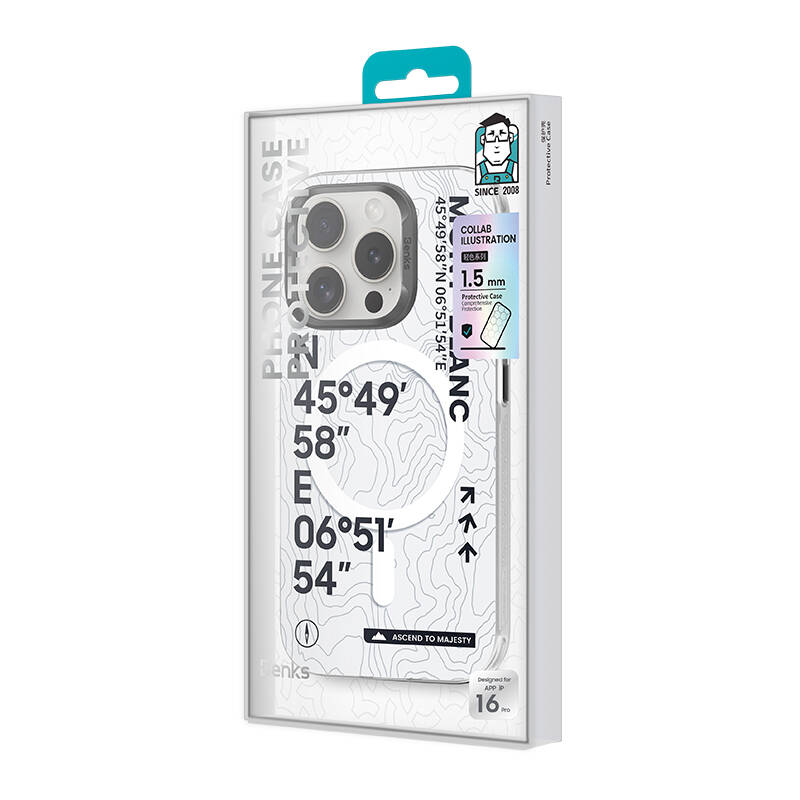 Bal-z Apple iPhone 16 Plus Kılıf M-safe Şarj Özellikli Koordinat Yazı Desenli Benks Summit Serisi Kapak