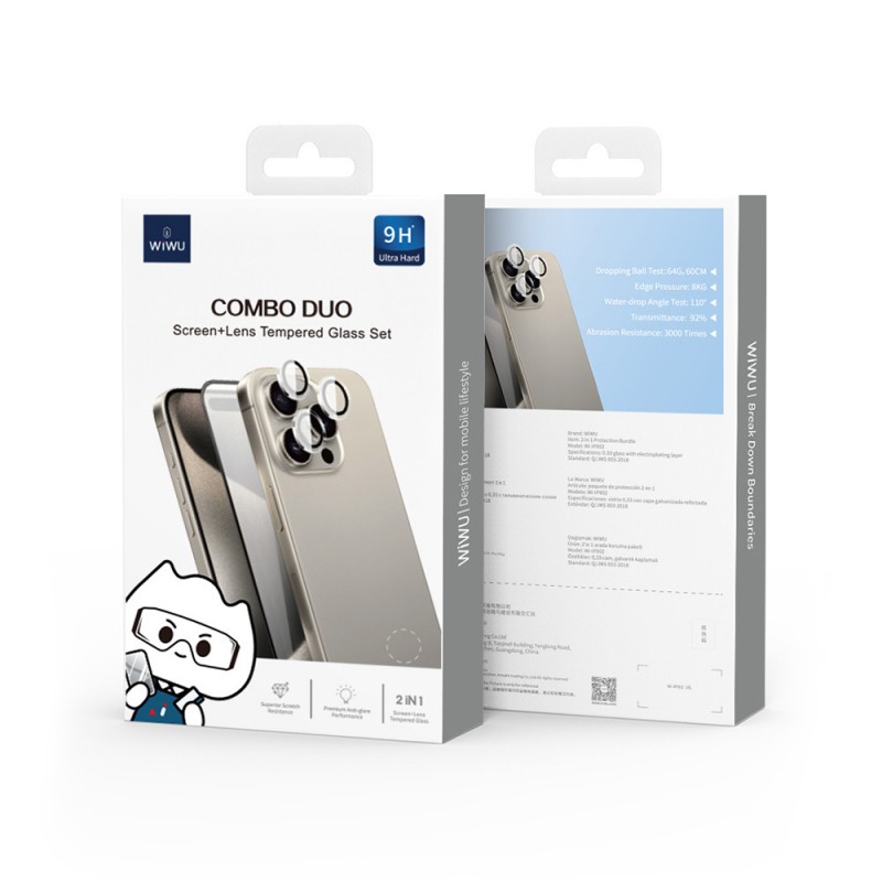 Bal-z Apple iPhone 16 Plus Wiwu Wi-IP002 2in1 Temperli Cam Ahize Toz Önleyici Ekran Koruyucu ve Kamera Lens Koruyucu Set