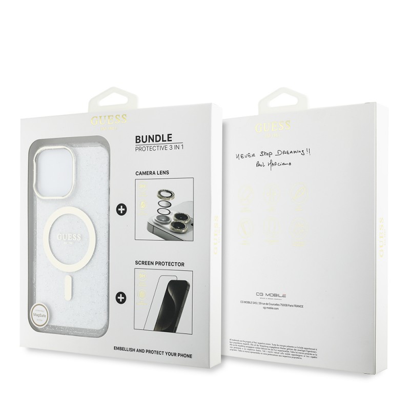 Bal-z Apple iPhone 16 Pro Guess Orjinal Lisanslı 3'lü Aksesuar Seti IML Baskılı Simli Glitter Kılıf + Ekran Koruyucu + Lens Koruyucu