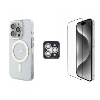 Apple iPhone 16 Pro Guess Orjinal Lisanslı 3'lü Aksesuar Seti IML Baskılı Simli Glitter Kılıf + Ekran Koruyucu + Lens Koruyucu Apple iPhone 16 Pro Guess Orjinal Lisanslı 3'lü Aksesuar Seti IML Baskılı Simli Glitter Kılıf + Ekran Koruyucu + Lens Koruyucu