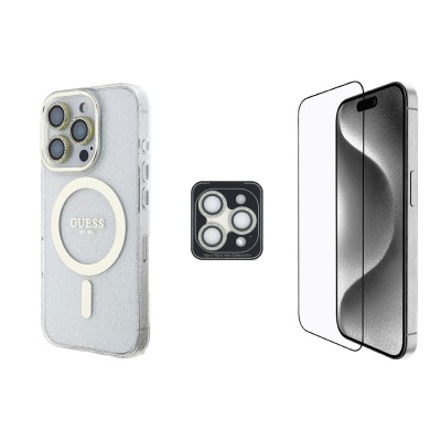 Bal-z Apple iPhone 16 Pro Guess Orjinal Lisanslı 3'lü Aksesuar Seti IML Baskılı Simli Glitter Kılıf + Ekran Koruyucu + Lens Koruyucu
