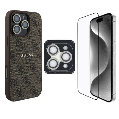 Bal-z Apple iPhone 16 Pro Guess Orjinal Lisanslı Kılıf + Ekran Koruyucu + Lens Koruyucu 3in1 Aksesuar Seti