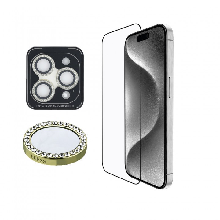 Apple iPhone 16 Pro Guess Orjinal Lisanslı Rhinestone Ekran Koruyucu + Lens Koruyucu 2in1 Aksesuar Seti