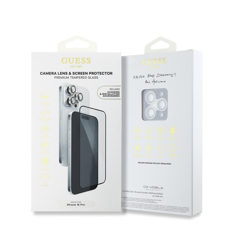 Bal-z Apple iPhone 16 Pro Guess Orjinal Lisanslı Rhinestone Ekran Koruyucu + Lens Koruyucu 2in1 Aksesuar Seti