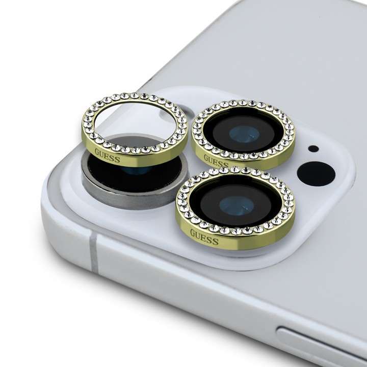 Apple iPhone 16 Pro Guess Orjinal Lisanslı Rhinestone Ekran Koruyucu + Lens Koruyucu 2in1 Aksesuar Seti