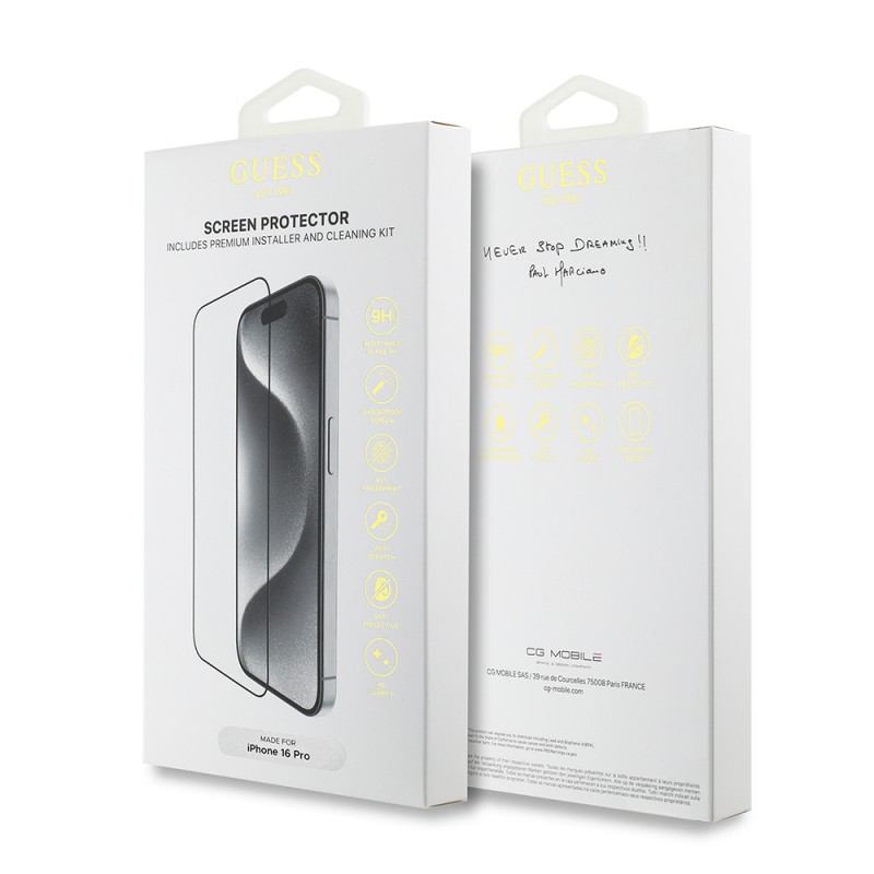 Bal-z Apple iPhone 16 Pro Guess Orjinal Lisanslı Temperli Cam Ekran Koruyucu Uygulama Aparatlı Outline Serisi