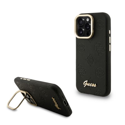 Bal-z Apple iPhone 16 Pro Kılıf Guess Orjinal Lisanslı M-safe Şarj Özellikli Sıcak Baskılı Yazı Logolu Kamera Standlı PU Deri Peony Kapak