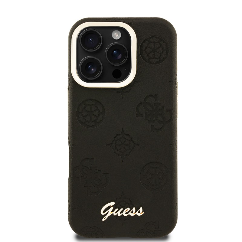 Bal-z Apple iPhone 16 Pro Kılıf Guess Orjinal Lisanslı M-safe Şarj Özellikli Sıcak Baskılı Yazı Logolu Kamera Standlı PU Deri Peony Kapak