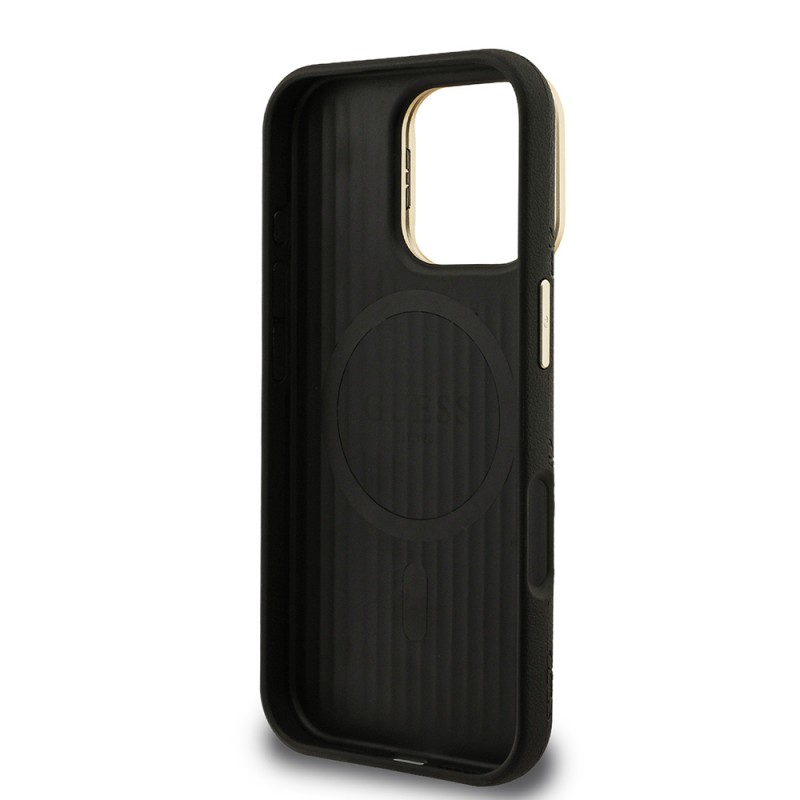 Bal-z Apple iPhone 16 Pro Kılıf Guess Orjinal Lisanslı M-safe Şarj Özellikli Sıcak Baskılı Yazı Logolu Kamera Standlı PU Deri Peony Kapak